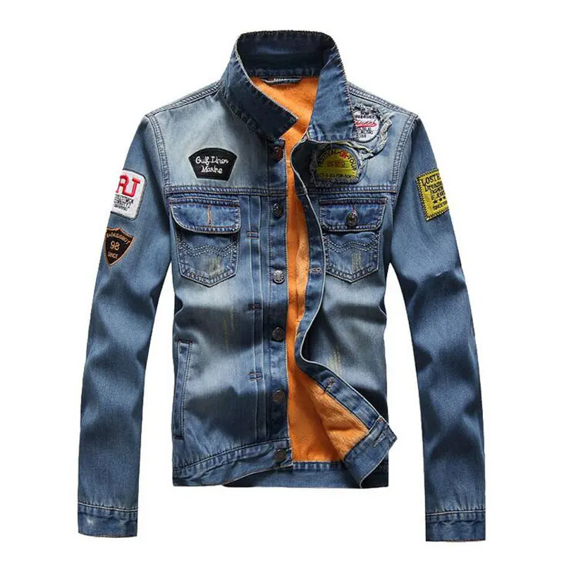 New Wool Liner Men's Denim Jacket Fashion Patchwork Badge Thick Warm