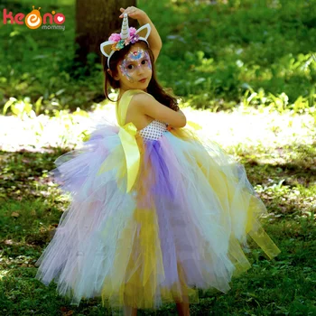 

Pastel Rainbow Girls Unicorn Tutu Dress Princess Flower Girl Party Dresses with Headband Kids Birthday Halloween Unicorn Costume