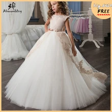 Потрясающие платья для Первого Святого Причастия г. Платья цвета шампанского с цветочным узором для девочек длинные Детские фатиновые Бальные платья, платье для дня рождения для девочек от 0 до 12 лет