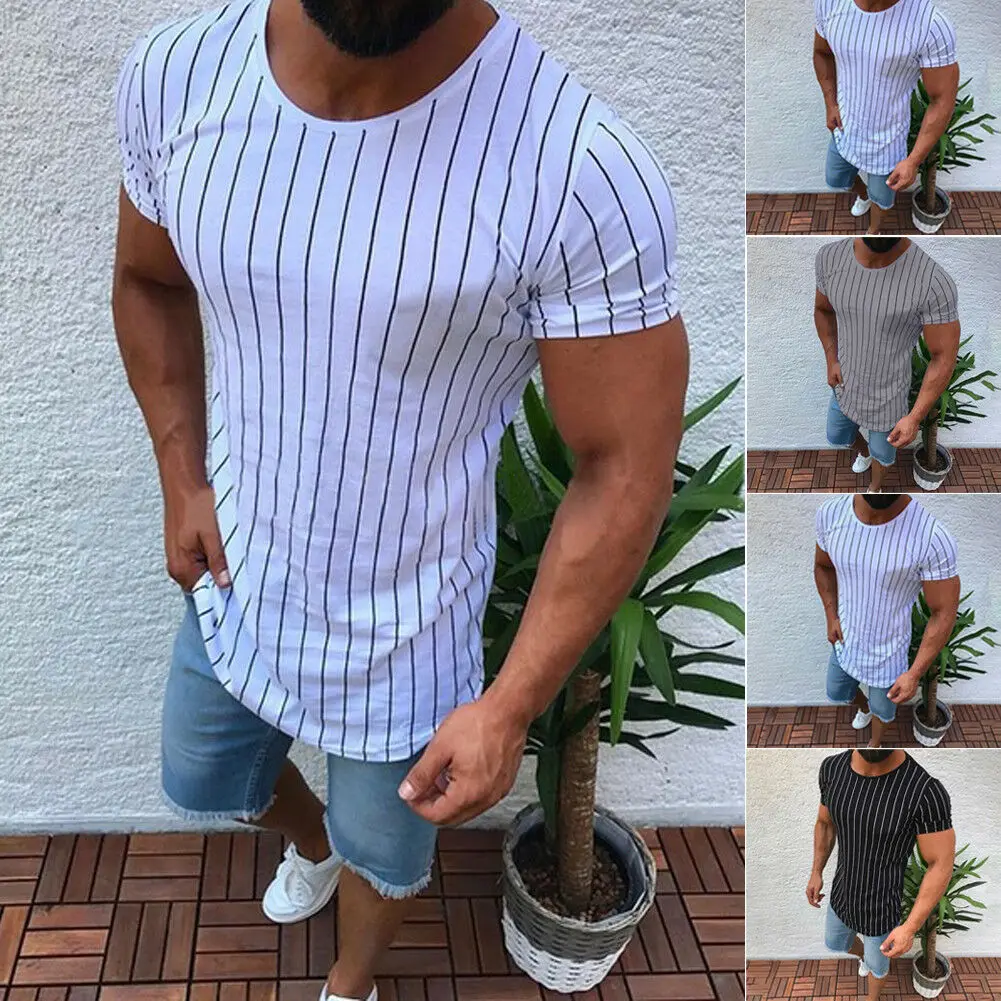 Мужская облегающая футболка с круглым вырезом и коротким рукавом, полосатая стильная футболка с высокой уличной талией, топы, Новинка