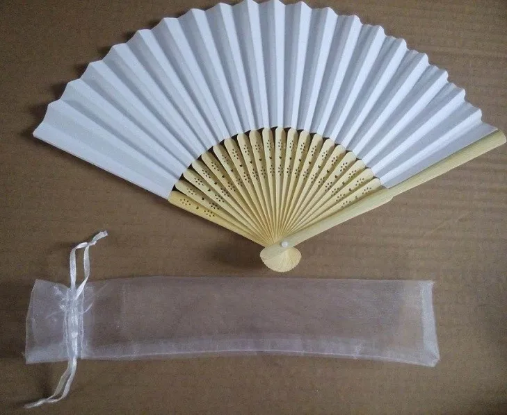 Free-shipping-Hot-saling-100-pcs-lot-White-Folding-Elegant-Paper-Hand-Fan-with-Gift-bag