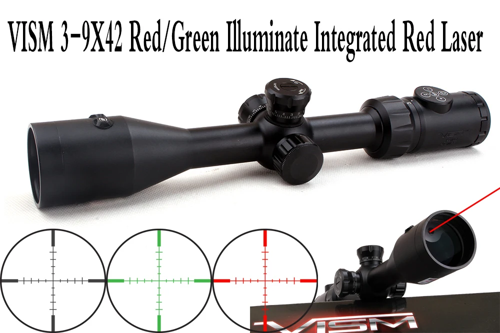 VISM 3 9X42 Red Green Illuminate Tactical Riflescope w Integrated Red Laser Sight Hunting Rifle Scope