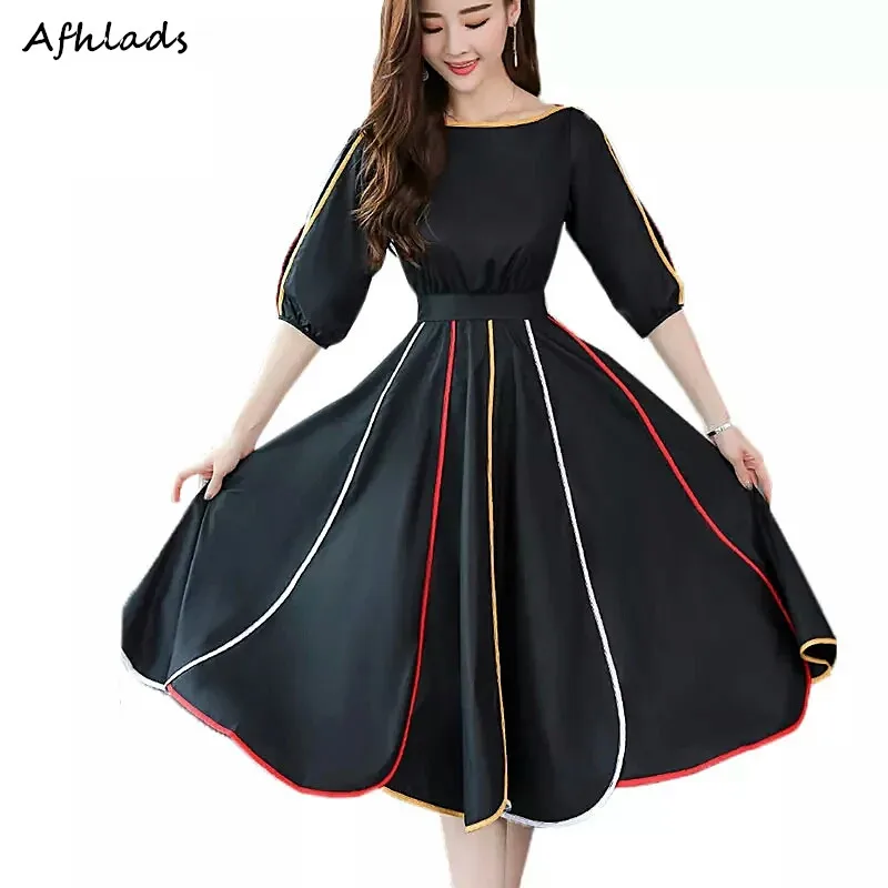 

Summer Korean Dress 2019 Fashion Ladies Half Sleeves Patchwork Waist Lantern Sleeves Chiffon Formal Women Knee-Length Dress