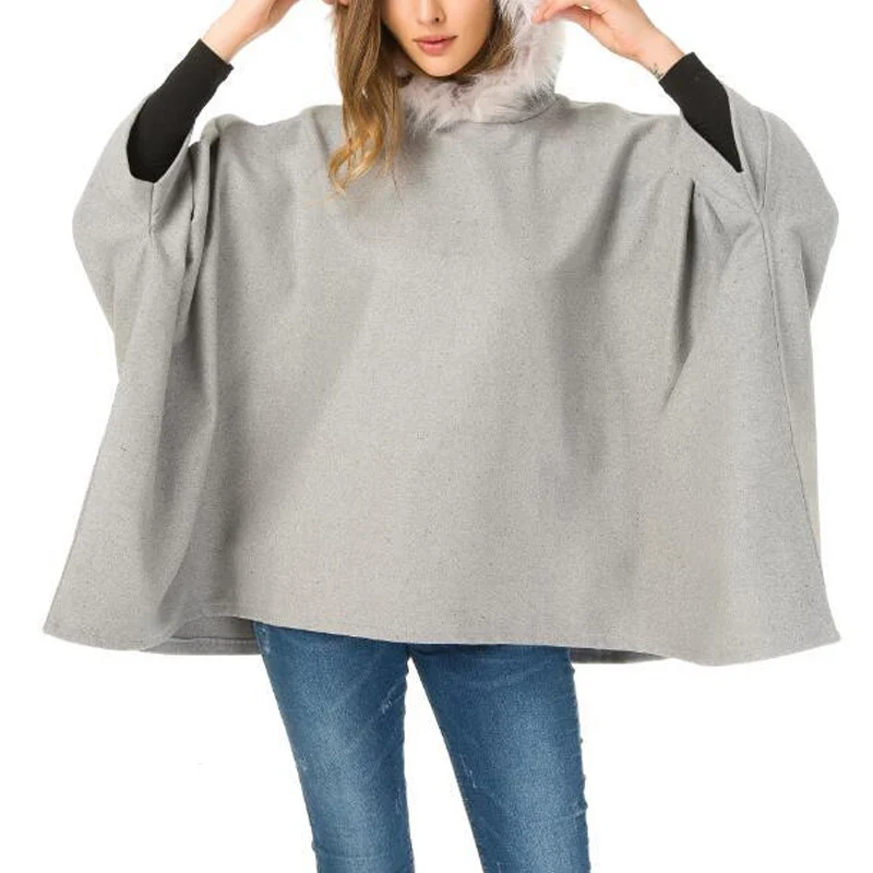 

Women Autumn Woolen Coat Cloak Hooded Round Neck Long Sleeves Plus Size Overcoat GDD99