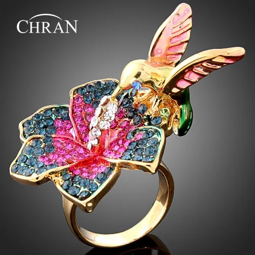 

CHRAN Ladies Gifts Classic Gold Color Party Jewelry Crystal Finger Rings Elegant Flower Bird Wedding Rings For Women