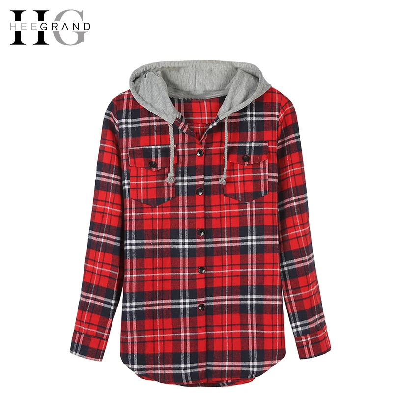 

HEEGRAND Plaid Hooded Casual Spring Blouse 2018 Women Shirts Tops Full Sleeve Pockets Slim Cotton 2XL Good Quality Blusas WCL563
