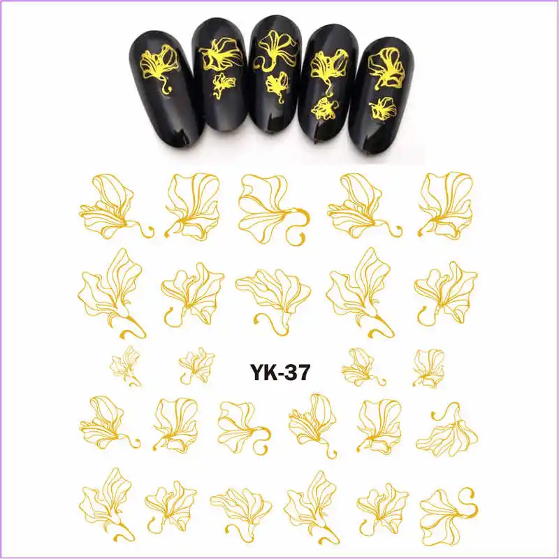 UPRETTEGO Золотые/серебряные Водные Наклейки металлические наклейки для ногтей цветок Гинко прозрачные лепестки лист Орхидея Лотос Нарцисс YK37-42 - Цвет: YK037  GOLD