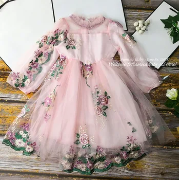 

6282 Long Sleeve Flower Embroidery Princess Baby Girl Dress Spring Wedding Party Kid Dress For Girl Wholesale baby girl clothes