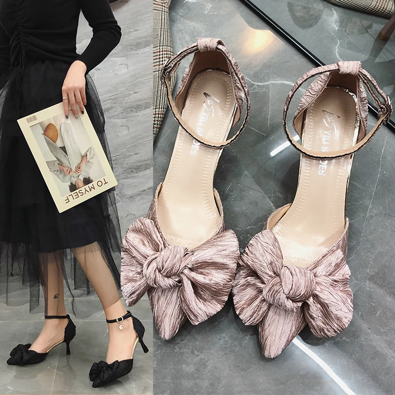 

2019 Women's Spring New Style Women's Handmade Shoes Pointed Toe High Heels Fashion Flock Butterfly-knot Pump Ladies Sexy Shoes