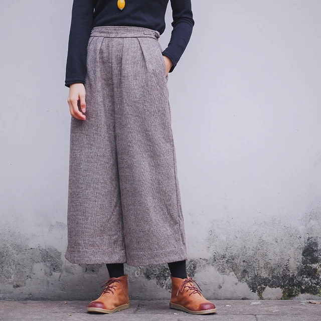 Women Retro Elastic Waist Wide Leg Pants Ladies Woolen Loose Vintage ...