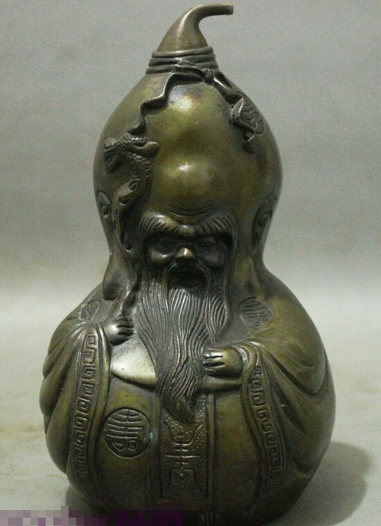 

7" Chinese Collect Bronze Longevity Shou God Dragon Crosier Gourd Statue Figurine