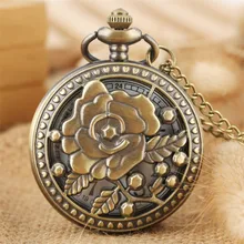 Reloj de bolsillo de cuarzo con diseño de flores de rosas con diseño Vintage encantador reloj colgante de bronce para mujer