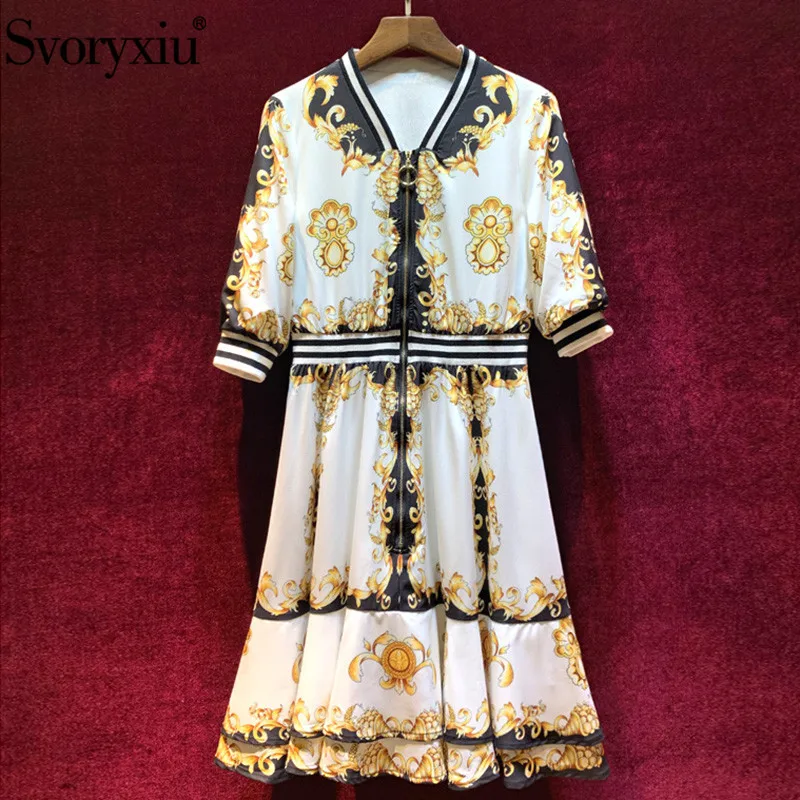 

Svoryxiu Vintage Gold Flower Printed Autumn Dress Women's Fashion Half Sleeve Elastic Waist Runway Designer Casual Ruffles Dress