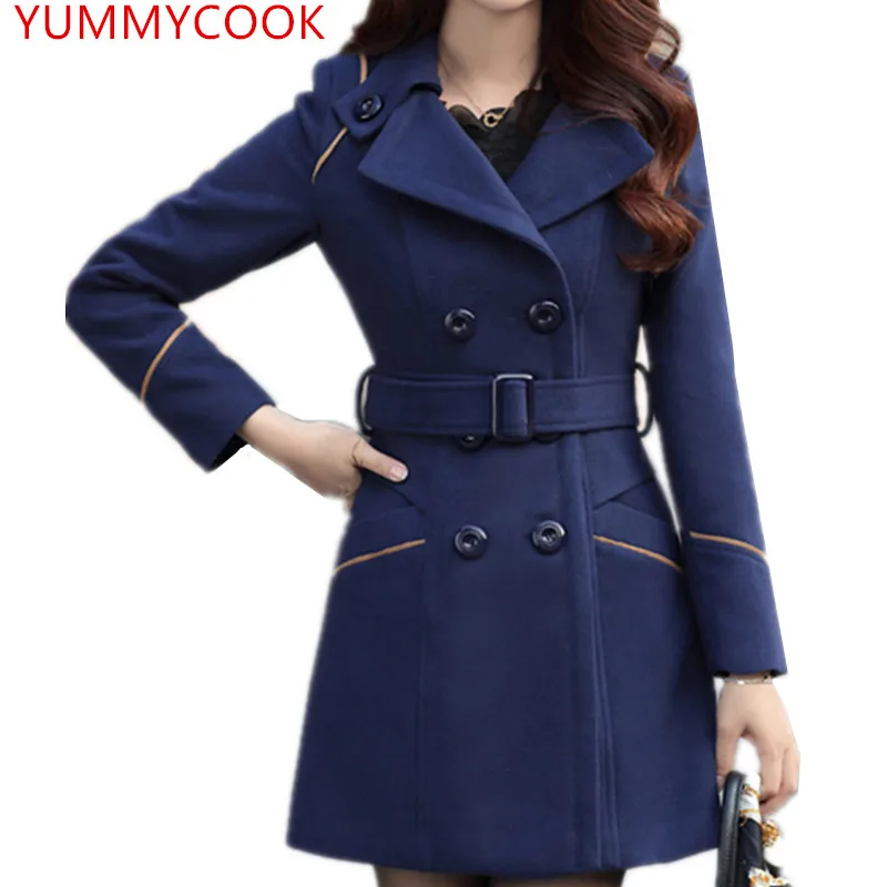 

2018 fashion Simple Medium long woolen coat female large size double-breasted lapel solid color woolen coat Women's clothingA363
