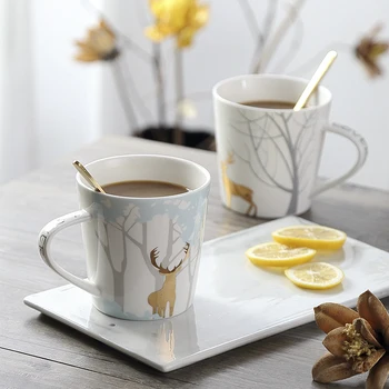 

Nordic Coffee Mug Set Office Use Drink Cups Western Beverage Mug Deer Stoup Milk Cup With The Lid Ceramic Christmas Gift Set