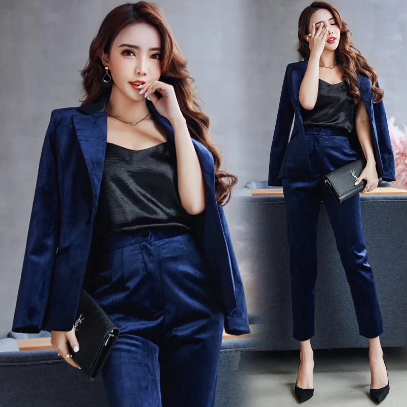 Suit Women velvet blazer set Dark Blue single Breasted formal business Pants suits ladies office work wear clothing jn121