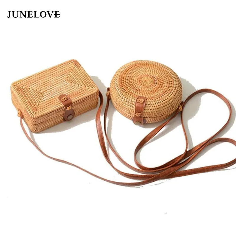 

JuneLove Women Summer Women Bali Straw Bag Handmade Wicker Bag Woven Round Rattan Bag Vintage Holiday Ladies Bag