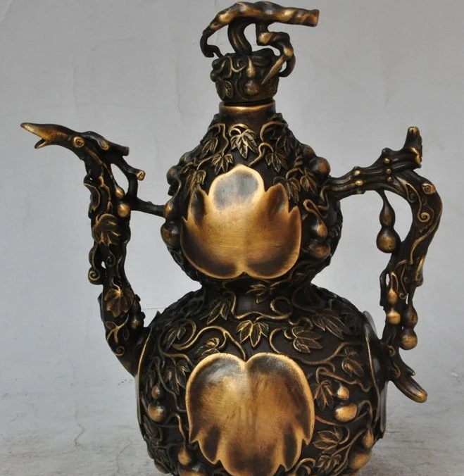 

8"china bronze gourd Cucurbit lucky auspicious statue Wine Tea Pot Flagon bottle