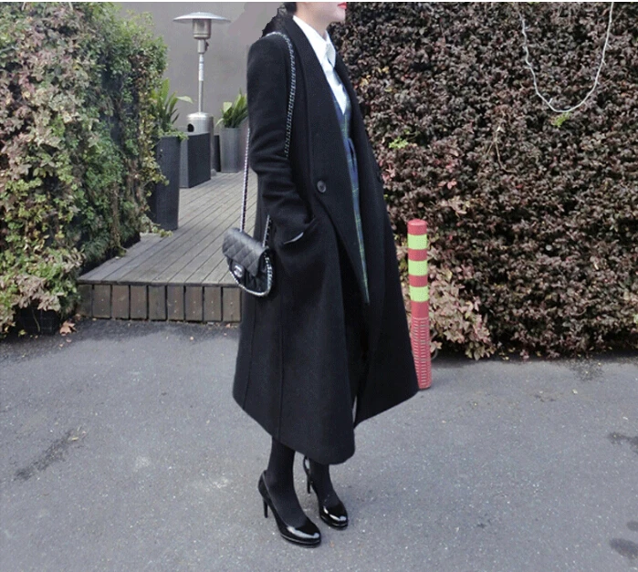 UK Manteau femme, женское осеннее/зимнее черно-белое шерстяное пальто, простое длинное пальто макси с отворотом и карманами, Женская Повседневная Верхняя одежда