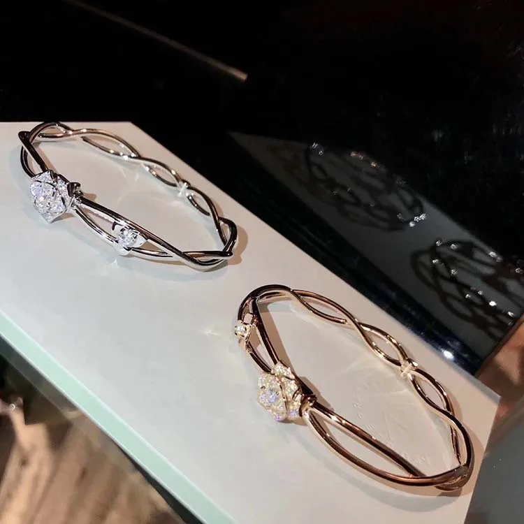 

S925 Sterling Silver Bracelet Micro Crystal Glossy Cutout Flower Vine Rose Bangle Size Double Rose Wedding Jewellery
