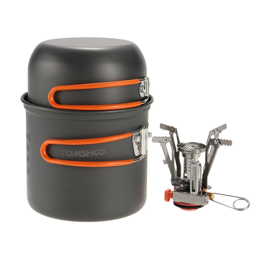 TOMSHOO Camping al aire libre senderismo utensilios con Mini Camping encendido piezoeléctrico estufa plegable cocina Picnic Pot Set 'cook