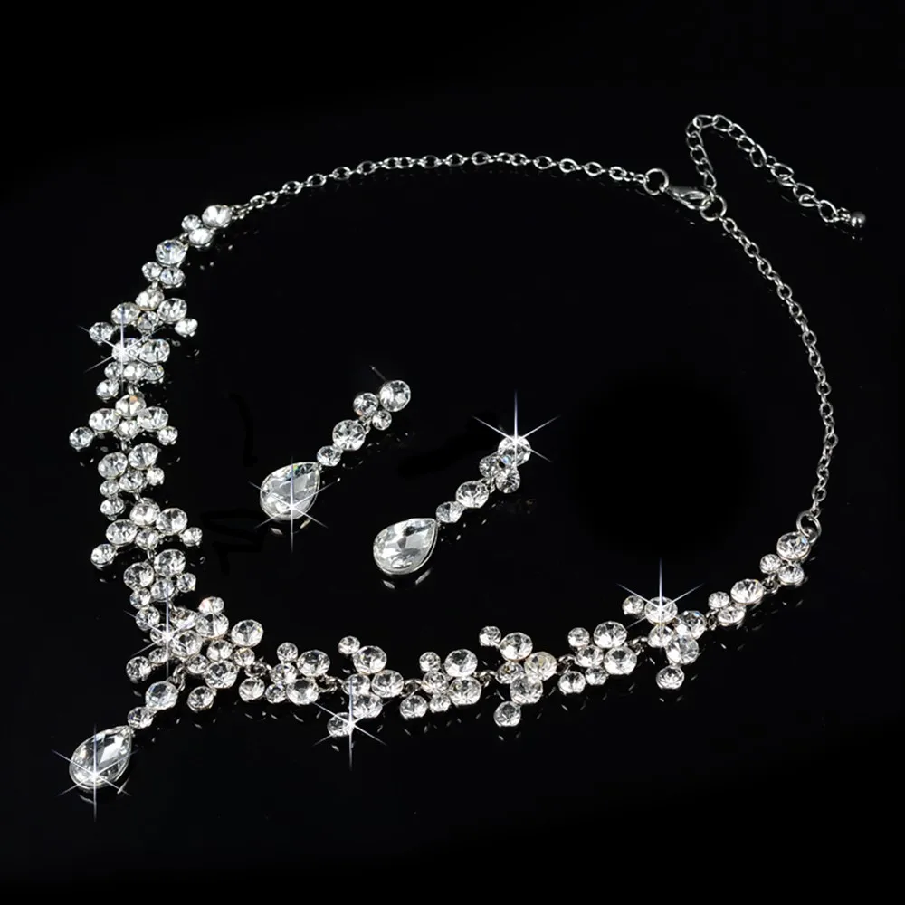 bridal jewelry set wedding dress pearl rhinestone necklace accessories women earrings silver plated luxurious party bijoux D026 (2)