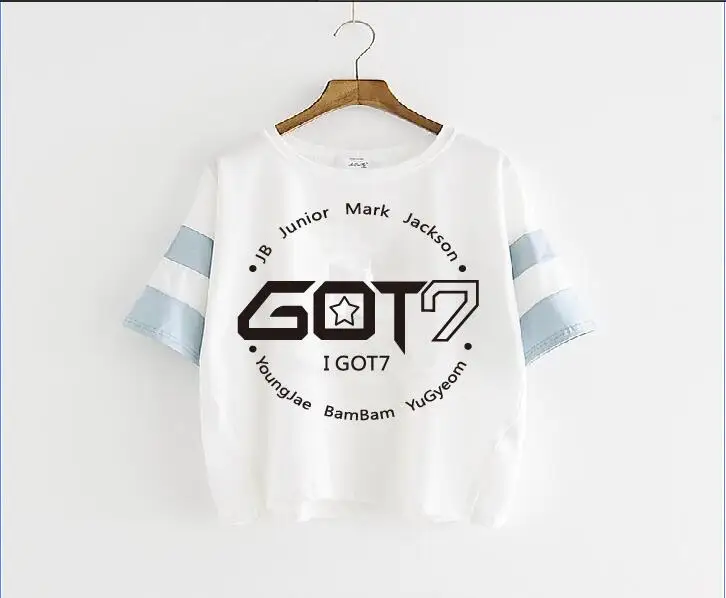 KPOP fashion GOT7 + Название участника новинка 2017 синяя Футболка с рукавами Jackson Wang