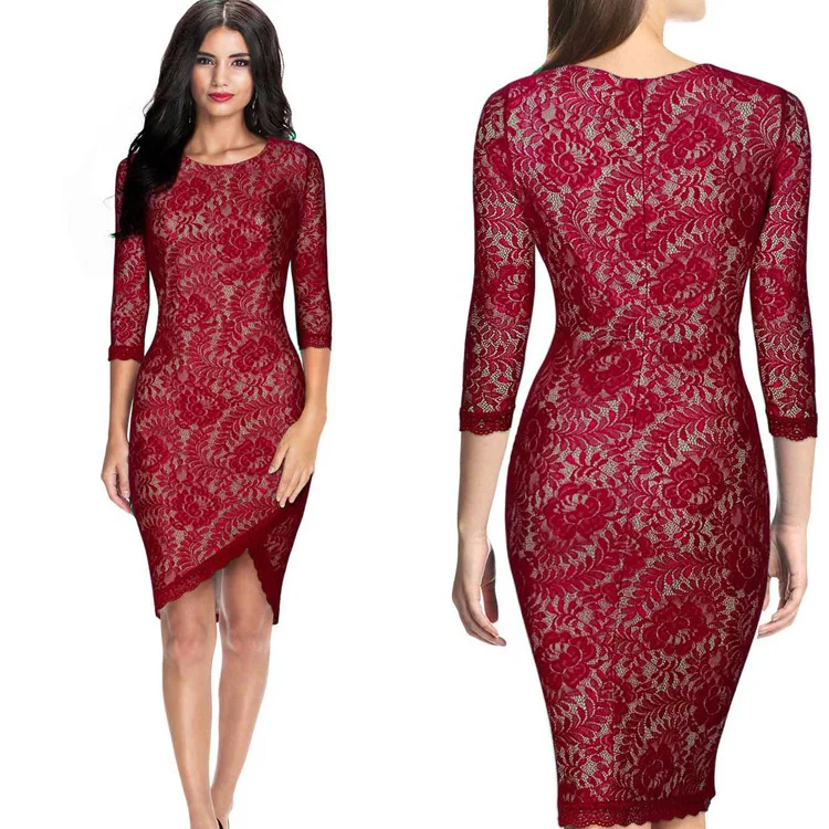 

BacklakeGirls New Arrivals 2019 Lace Irregular Cocktail Dresses Scoop Neck Three Quarters Sleeves Mini Dress For Women Cocktail