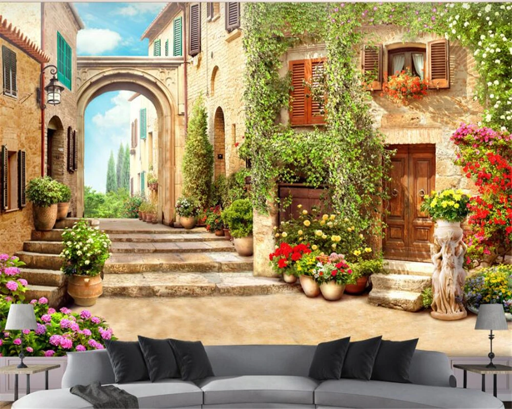 beibehang 3d wallpaper	Retro fashion high country beautiful town seductive street view 3d background wall papel de parede tapety 3d wallpaper door sticker european style stone arch street view living room restaurant pvc self adhesive waterproof 3 d stickers