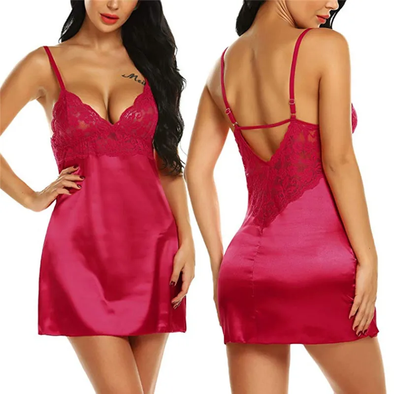 Sexy Lingerie Women Silk Lace Casual Loose Solid Sleeveless Dress Babydoll Nightdress Nightgown Sleepwear Hot Erotic - Цвет: rose red