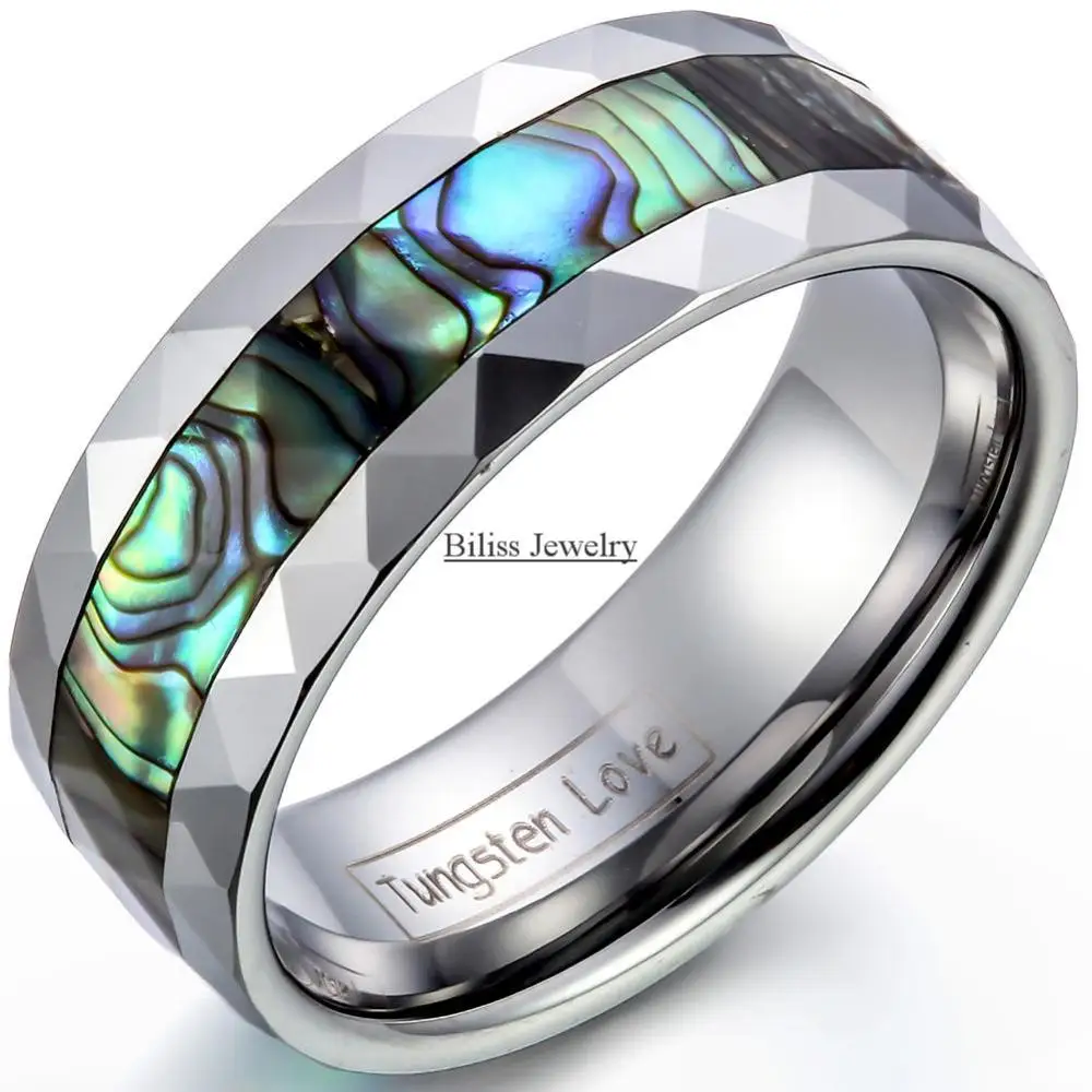 VAKKI 8mm Abalone Shell Tungsten Rings for Men Women Black/Silver/Rose Gold Wedding Bands Faceted Edge Comfort Fit Size 5-14 