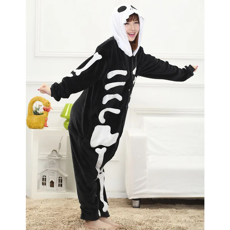 Women Onesie Skeleton Costume Funny Pajama Adult Cartoon Party Role Play Suit Winter Warm Flannel Jumpsuit Hallween Clothing