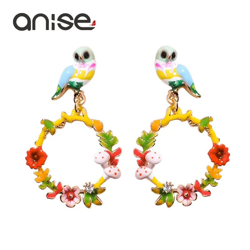 

Anise Multicolor Owl Drop Earrings Woman Enamel Charms Bird Wreath Bohemia Dangle Earring Female Oorbellen Party Jewelry