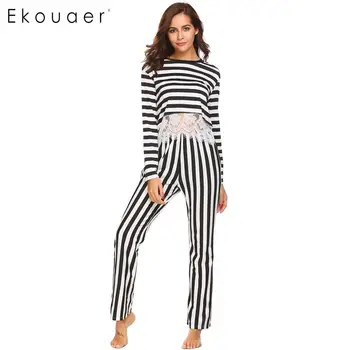 

Ekouaer Pajamas Sets Women Long Sleeve Striped Sleepwear Set Lace-trimmed O-Neck Elastic Waist Pajamas Suit Home Lounge Clothes