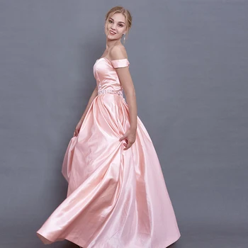

Pink Long Prom Dresses 2019 A-Line Off the Shoulder Beaded Boat Neck Evening Party Dresses Robe De Soiree Girl Gala Dress
