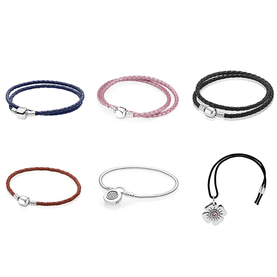 

925 Sterling Silver Pink Blue Leather Basic Bracelets For Women Diy Charms Jewelry