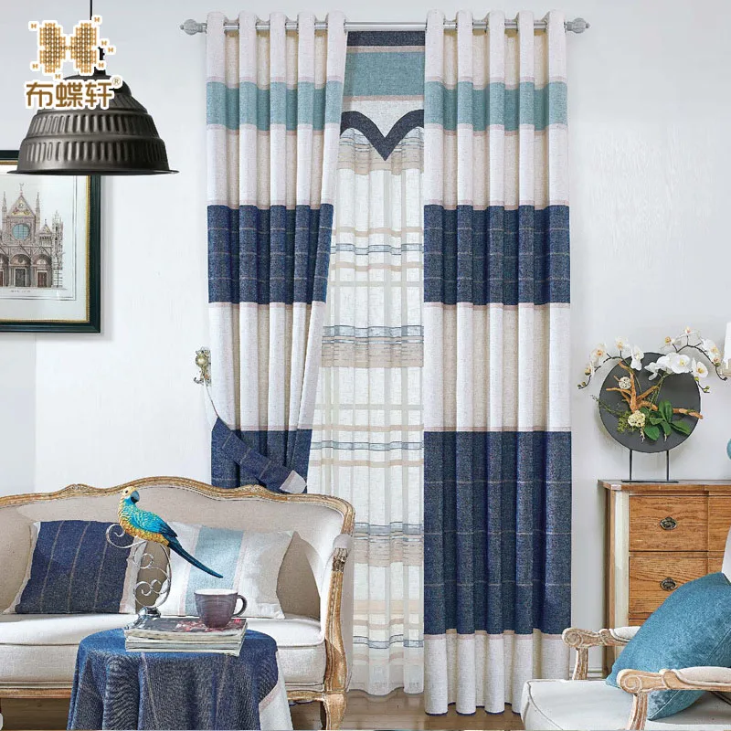 

New Arrival North European Style Striped Jean Blue Curtains Chenile Luxury Curtains for Study Room Size Customized Blind