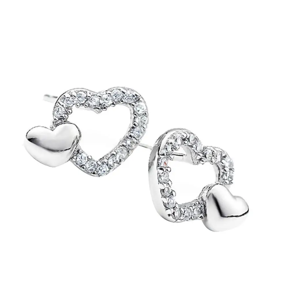 

Fashion Double Love Heart Rhinestone Ear Studs Anti Allergy Girls Women Club Earrings