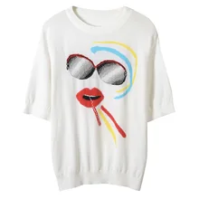 Дизайнерская футболка с принтом для подиума, женская шелковая трикотажная футболка с красными губами и глазами, граффити, Harajuku, летний топ, Женская белая футболка