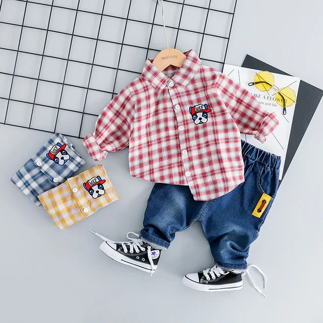 

2019 New spring autumn baby boys Casual Clothing Sets Children kids fashion Plaid shirt Tops Pants bow tie Suits clothes