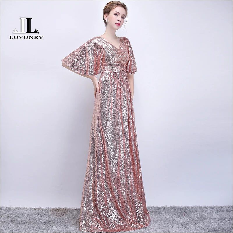 LOVONEY Elegant A line V Neck Evening Dress Long Sequin Formal Party Dresses Women Prom Gown Robe De Soiree Occasion Dress YS416 LOVONEY Elegant A line V Neck Evening Dress Long Sequin Formal Party Dresses Women Prom Gown Robe De Soiree Occasion Dress YS416