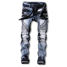 Men Jeans Ripped Biker Hole Denim robin patch Harem Straight punk rock jeans for men Pants