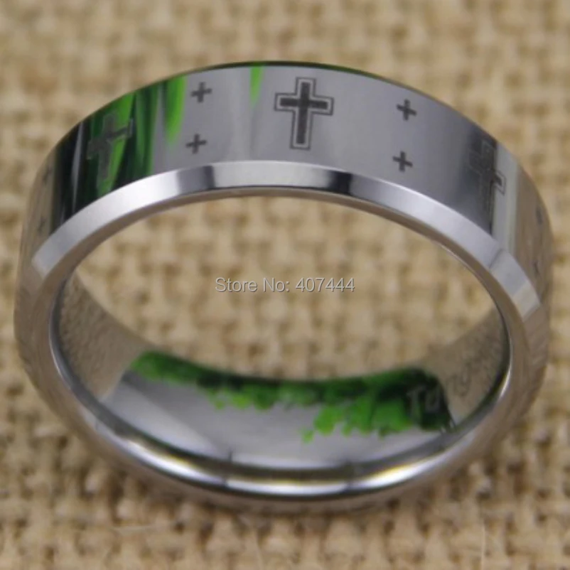 Free Shipping YGK JEWELRY Hot Sales 8MM Shiny Silver Bevel The New Christian Cross Men's Tungsten Wedding Ring