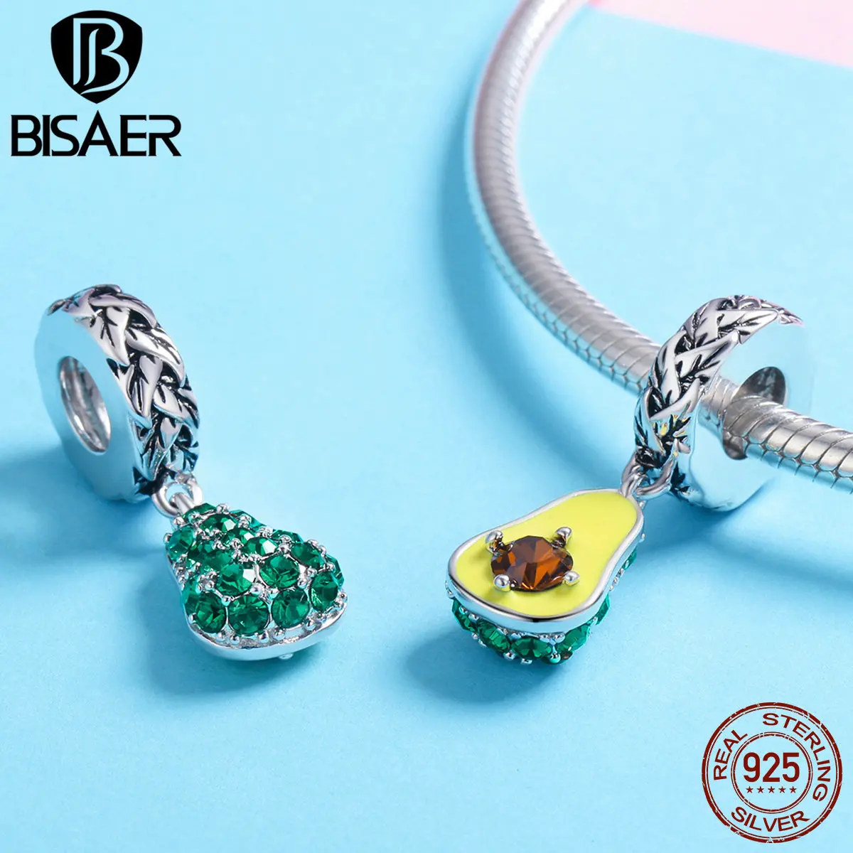 

BISAER New Arrival 925 Sterling Silver Fruit Charm Summer Avocado Beads Enamel fit Bracelets Original Silver Jewelry EFC014