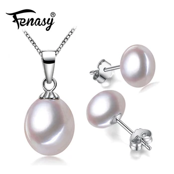 

FENASY Geometric Pearl Jewelry Sets Natural Pearl Stud Earrings Fashion 925 Sterling Silver Pendant Necklaces For Women