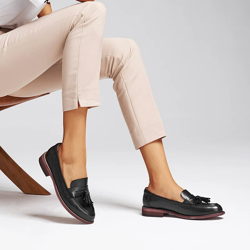 BeauToday Tassels Penny Loafers Women Waxing Sheepskin Genuine Leather Pointed Toe Ladies Slip On Flat Shoes Handmade A27075