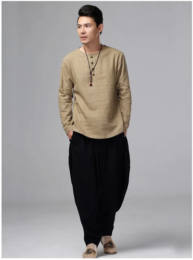 LZJN 2019 Демисезонный мужские рубашки с длинным рукавом одноцветное льняная блузка традиционные китайские топы белье этнические Blusas Camisa Masculina