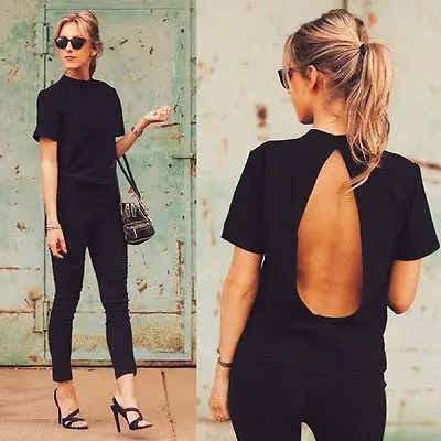 Blusa de manga corta con espalda descubierta para verano, camisa Sexy negra para mujer