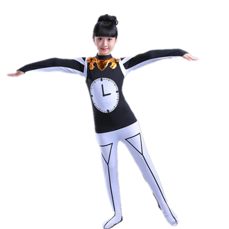 Kid girl time clock costume cosplay watch dance costume black white jumpsuit for children stage performance