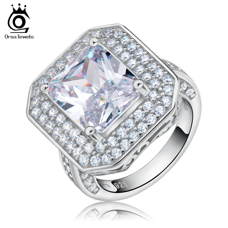 

ORSA JEWELS Women Cocktail Ring 6 Carat AAA Cubic Zirconia Cushion Cut Wedding Ring Silver Color Engagement Party Rings AAOR103